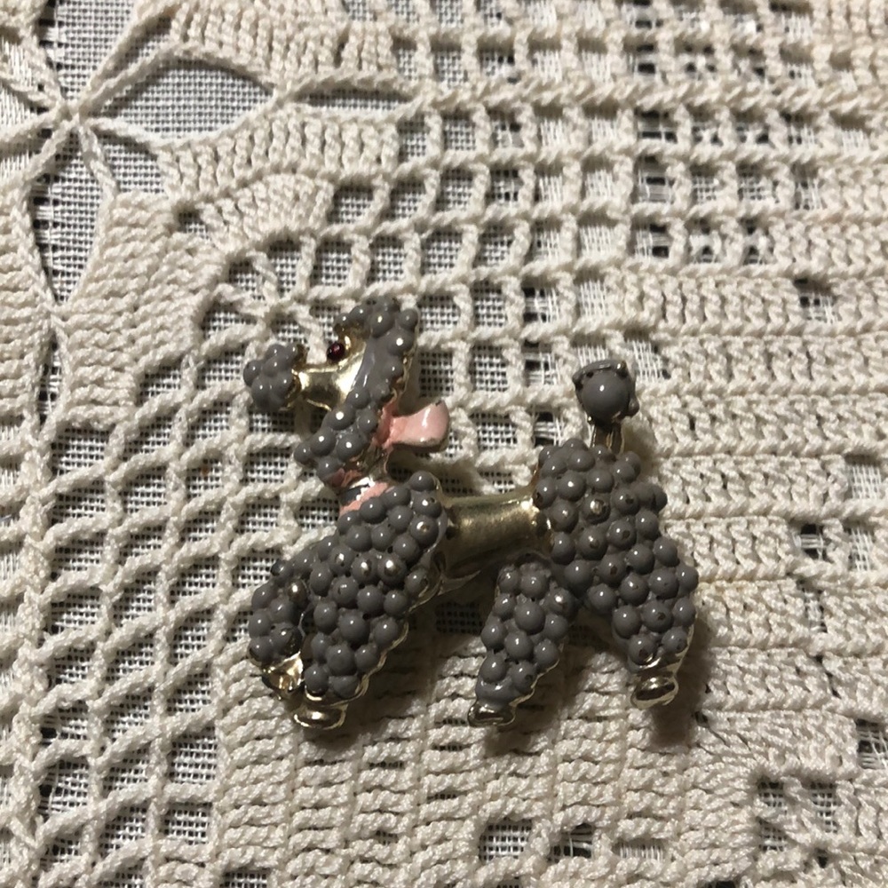 Poodle 🐩 Brooch Grey With Pink Ribbon and Red Eyes